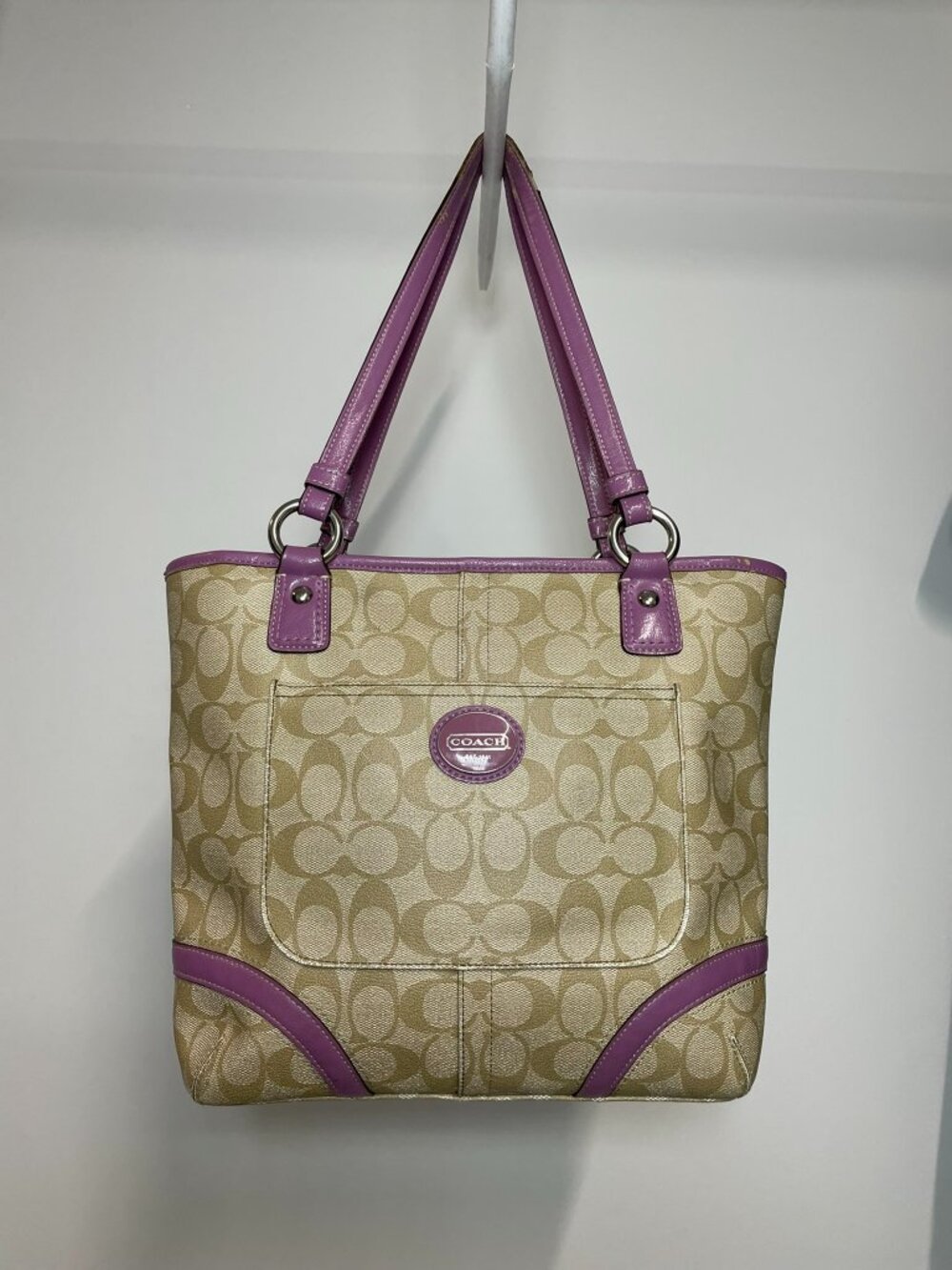 Vintage Coach Signature Monogram Tote Bag Tan Beige Canvas Purple‎ Leather Trim